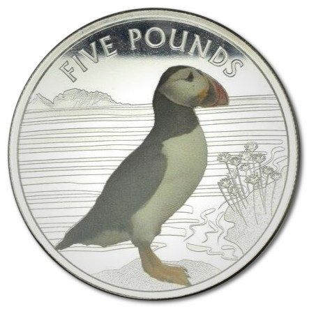 Alderney 5 Pounds - Elizabeth II Puffin; Silver Coloured reverse