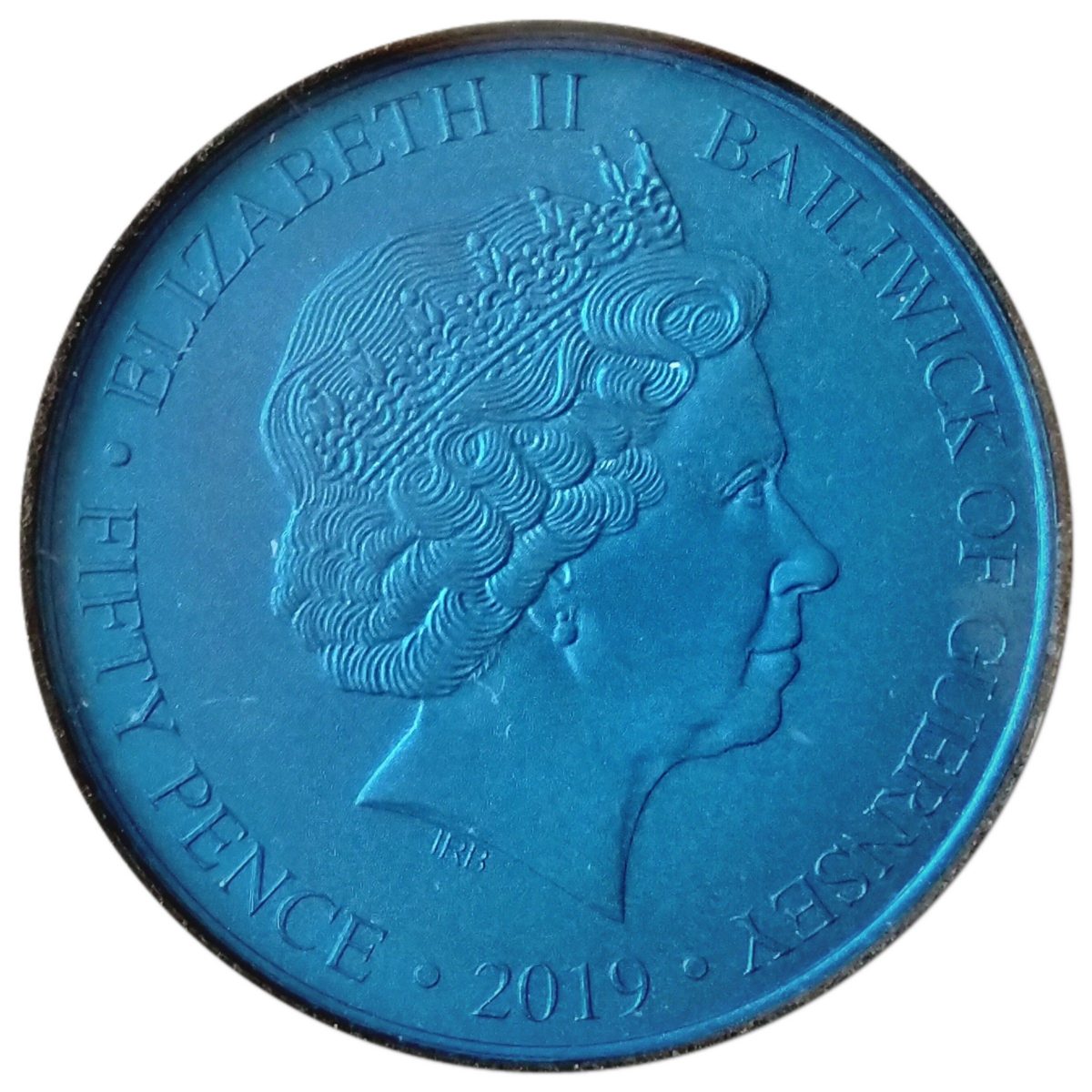 Guernsey 50 Pence - Elizabeth II Moonlanding; Blue Titanium obverse