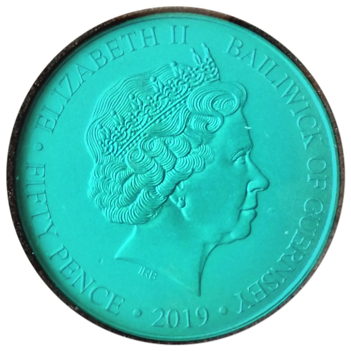 Guernsey 50 Pence - Elizabeth II Moonlanding; Green Titanium obverse