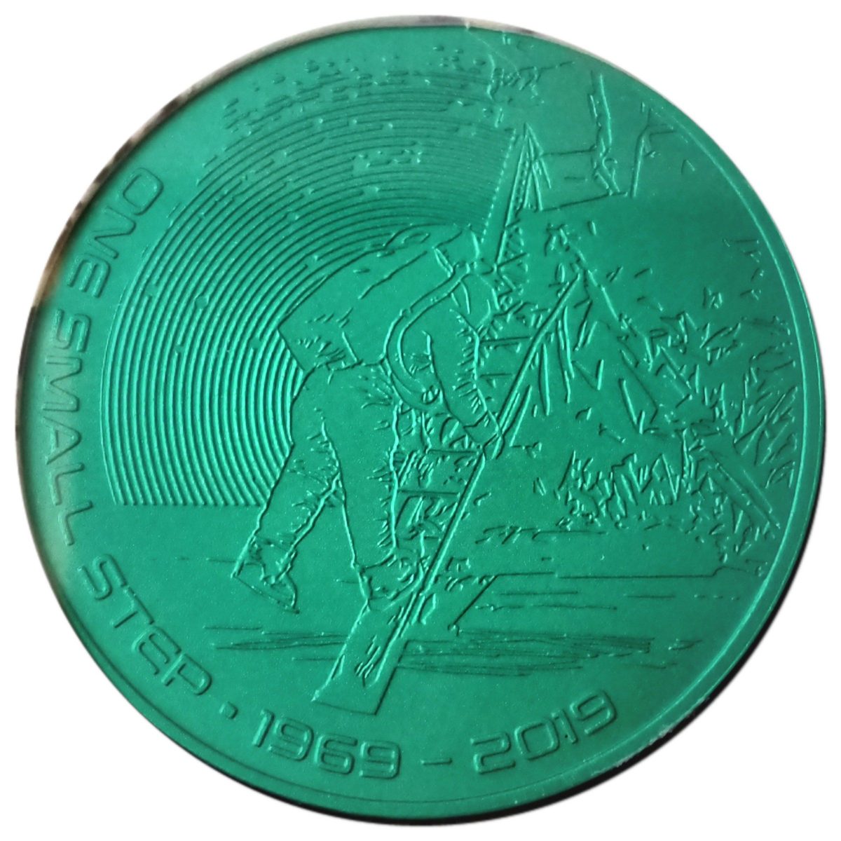 Guernsey 50 Pence - Elizabeth II Moonlanding; Green Titanium reverse