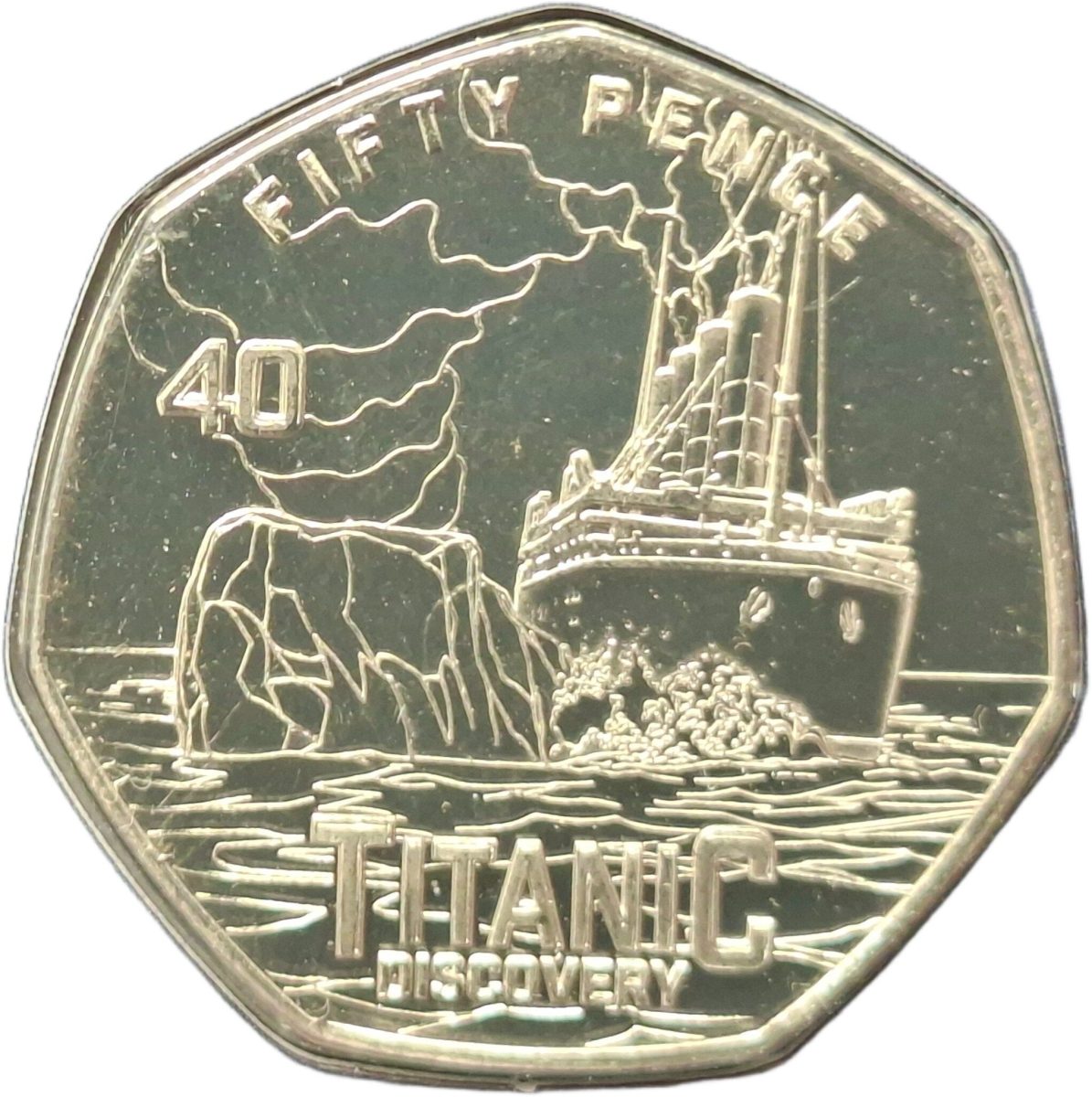 Guernsey 50 Pence - Charles III Titanic - The Collision reverse