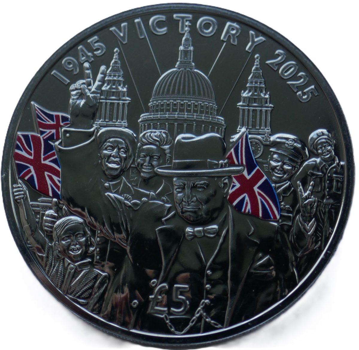 Guernsey 5 Pounds - Charles III VE Day; Colourised
