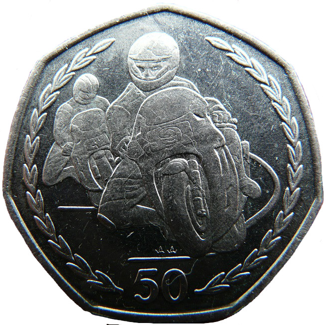 Isle of Man 50 Pence - Elizabeth II Tourist Trophy Motorcycle Races; larger size