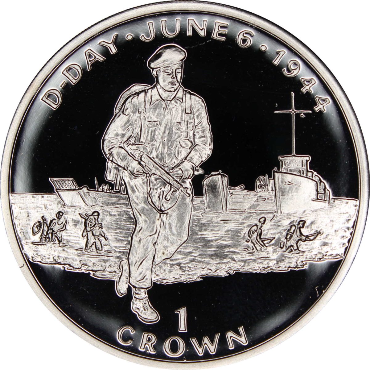 Isle of Man 1 Crown - Elizabeth II D-Day - British Troops landing; Silver Proof