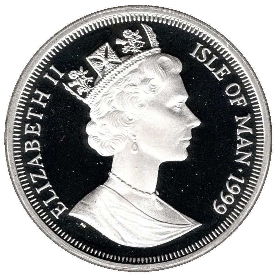 Isle of Man 1 Crown - Elizabeth II Queen Mother - Wedding; Silver Proof obverse