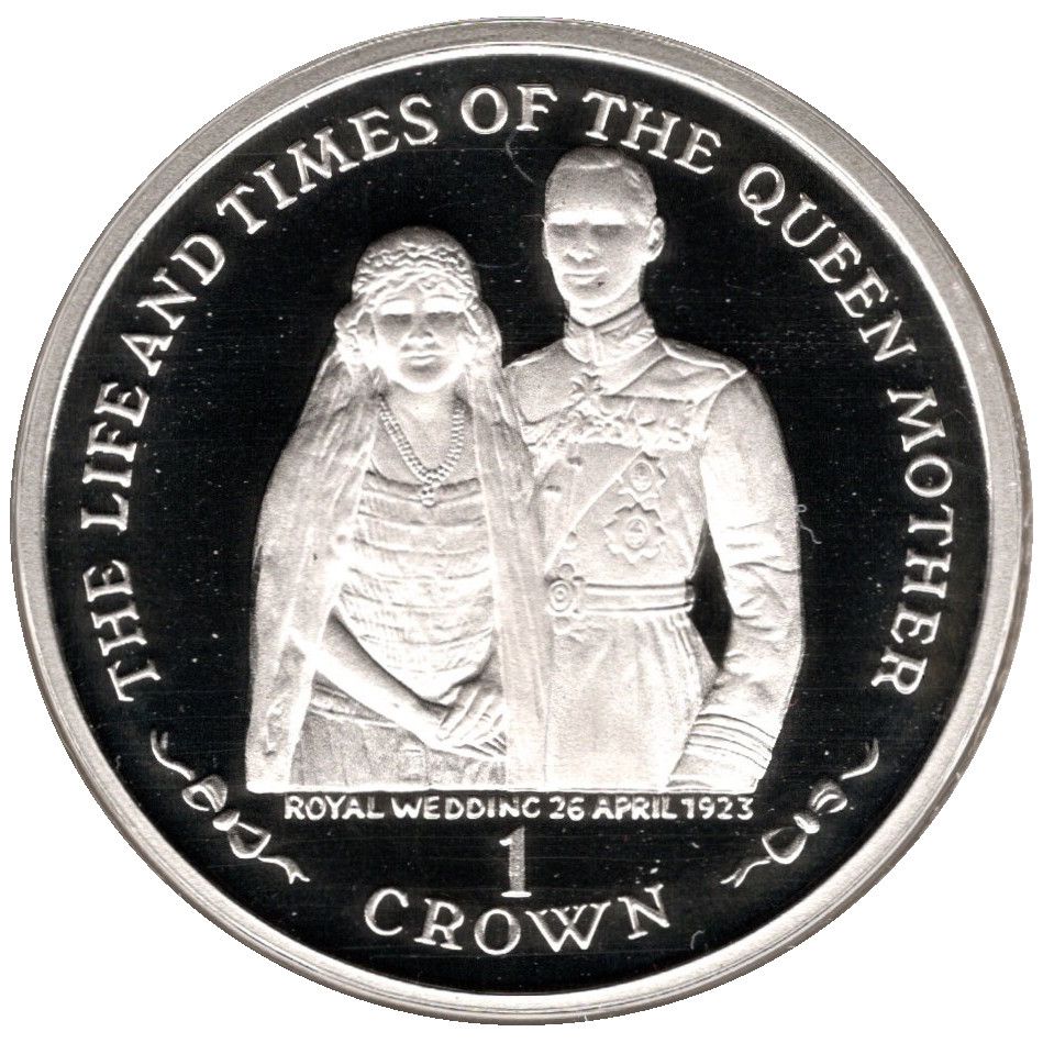 Isle of Man 1 Crown - Elizabeth II Queen Mother - Wedding; Silver Proof reverse
