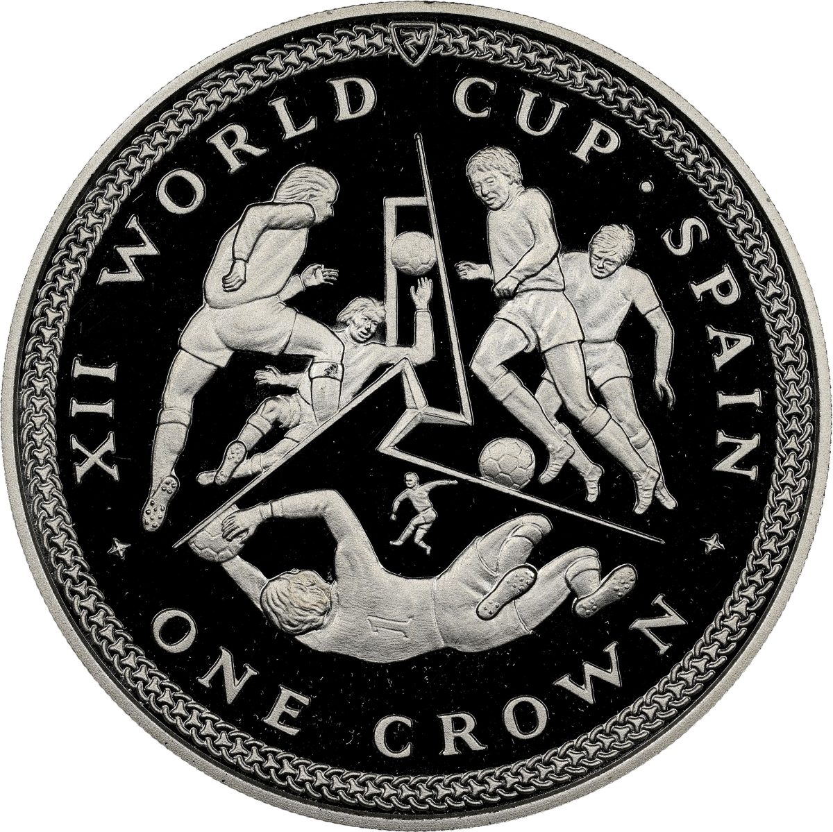 Isle of Man 1 Crown - Elizabeth II World Cup in Spain - 5 players; Platinium reverse