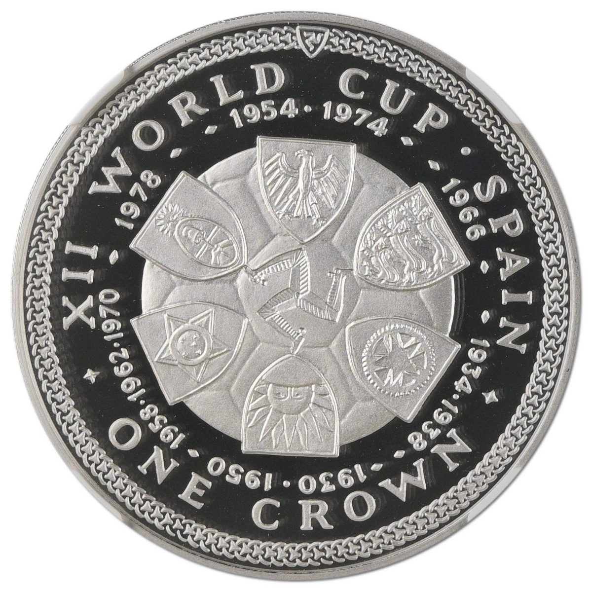 Isle of Man 1 Crown - Elizabeth II World Cup in Spain - Victors; Platinum reverse