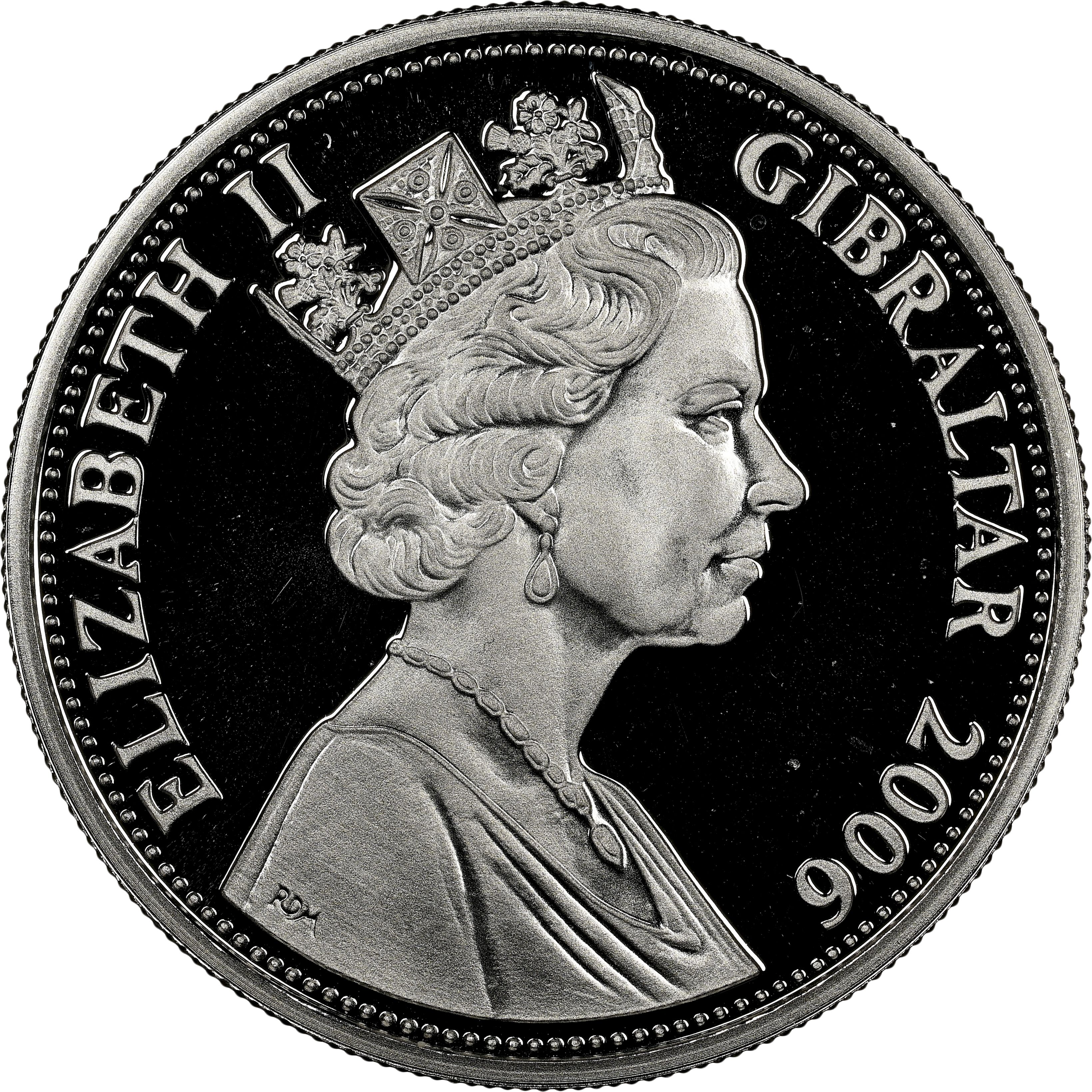 Gibraltar 5 Pounds - Elizabeth II Younger Queen Elizabeth in Evening Gown; Platinum obverse