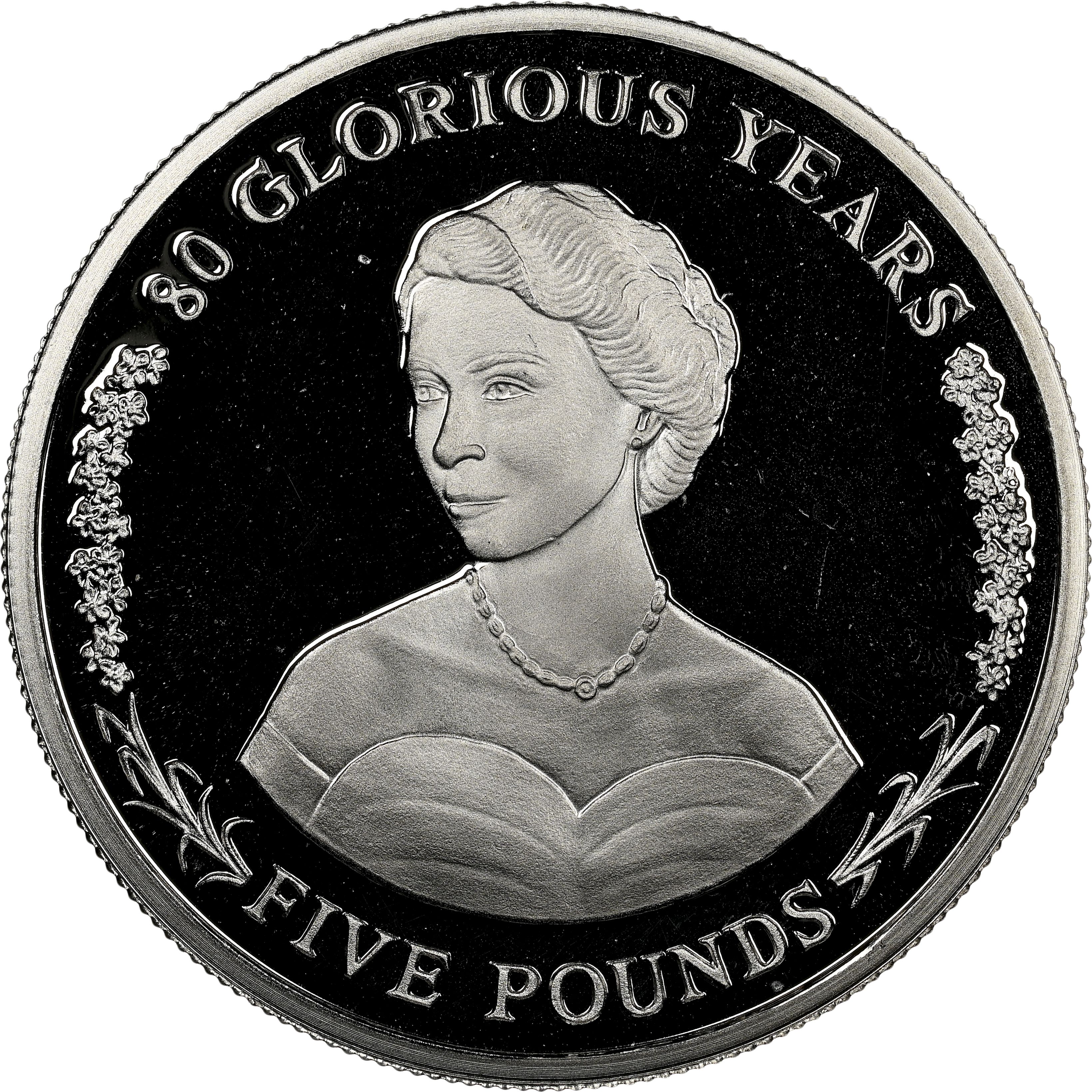 Gibraltar 5 Pounds - Elizabeth II Younger Queen Elizabeth in Evening Gown; Platinum reverse
