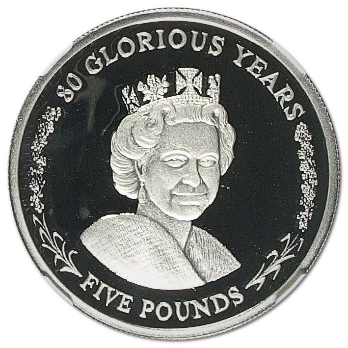 Gibraltar 5 Pounds - Elizabeth II 80 Glorious Years - Older Portrait; Platinum reverse
