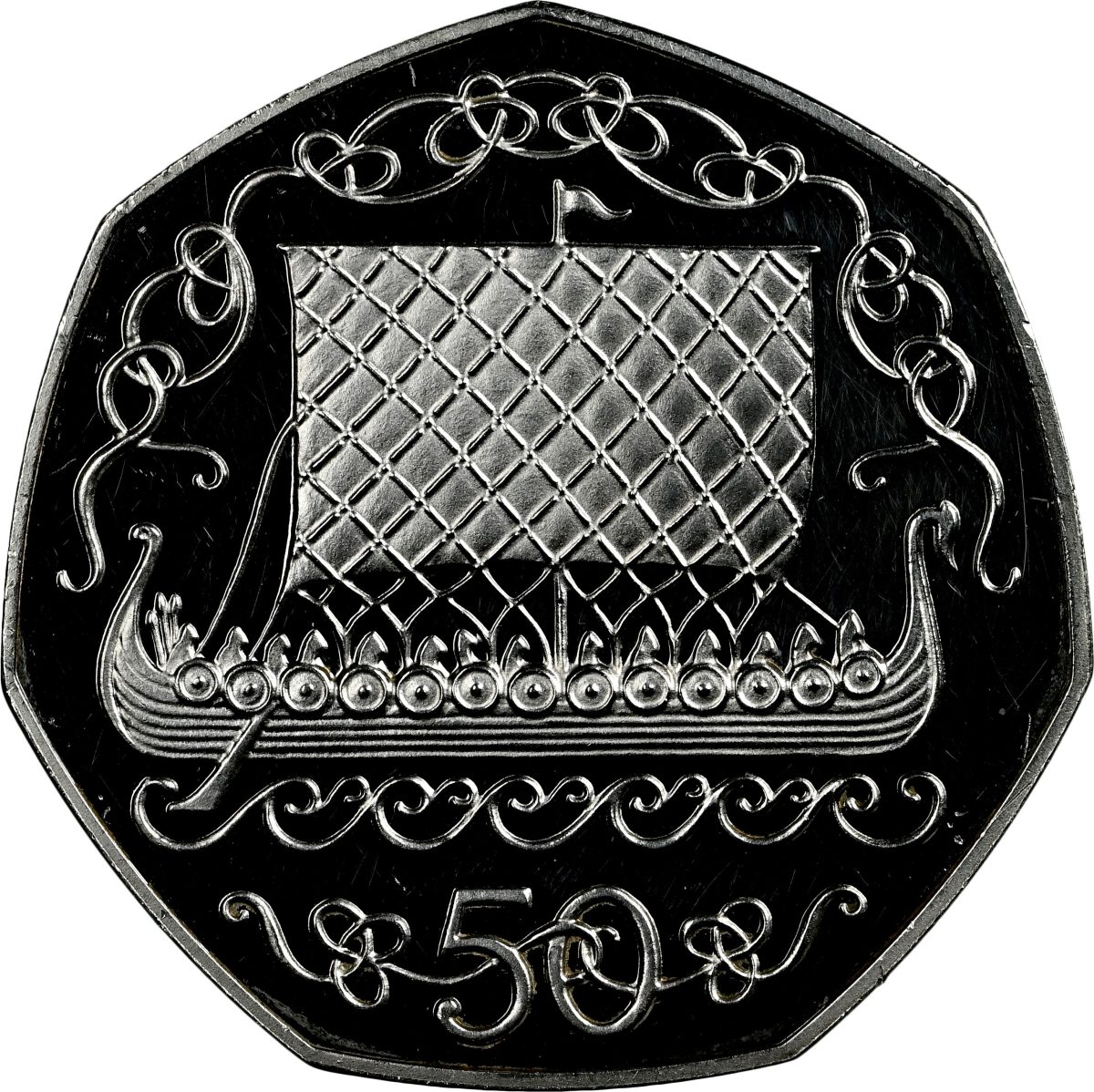 Isle of Man 50 Pence - Elizabeth II Viking Longship; Silver "Mule"