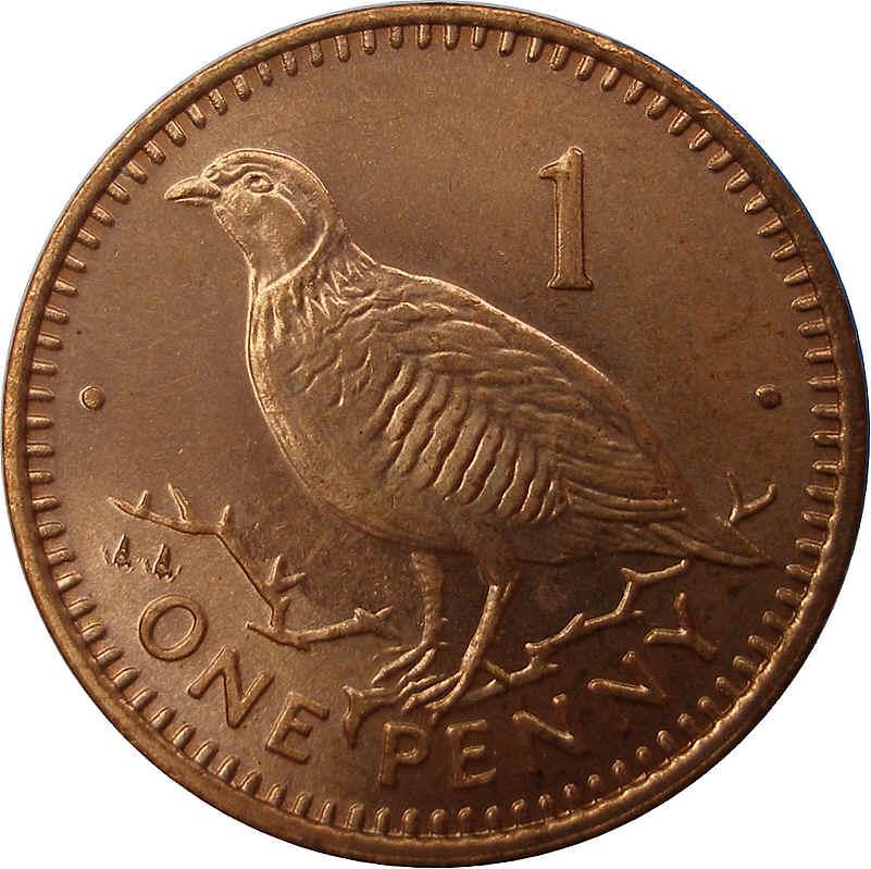 Gibraltar 1 Penny - Elizabeth II Barbary Partridge; non-magnetic