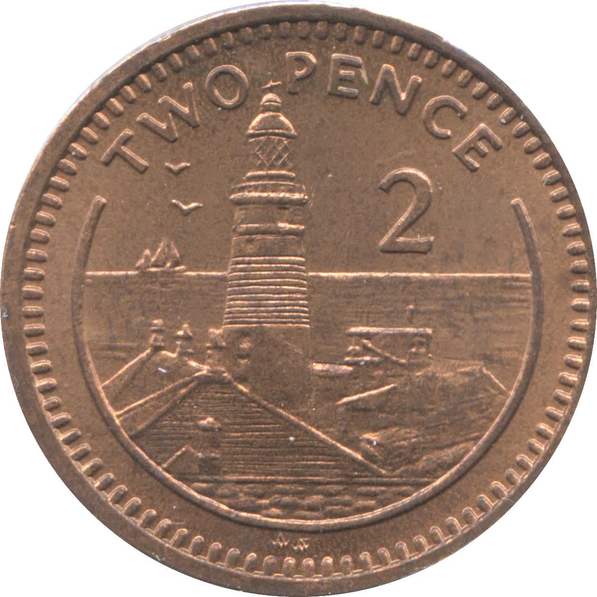 Gibraltar 2 Pence - Elizabeth II Europa Point Lighthouse; non-magnetic