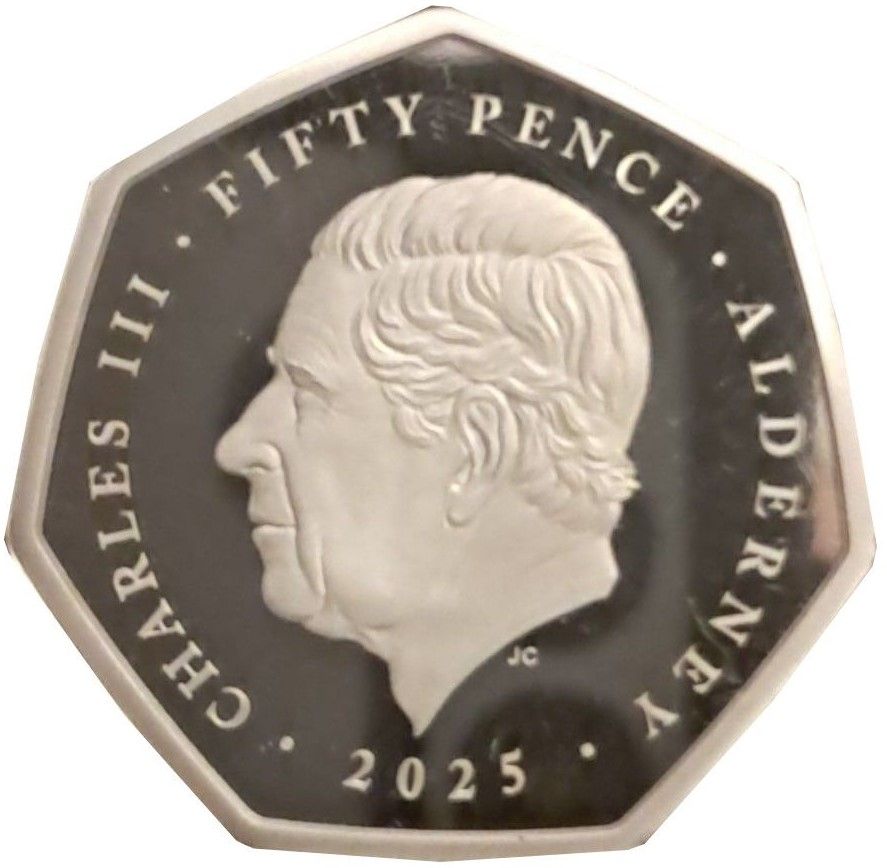 Alderney 50 Pence - Charles III Supermarine Spitfire obverse