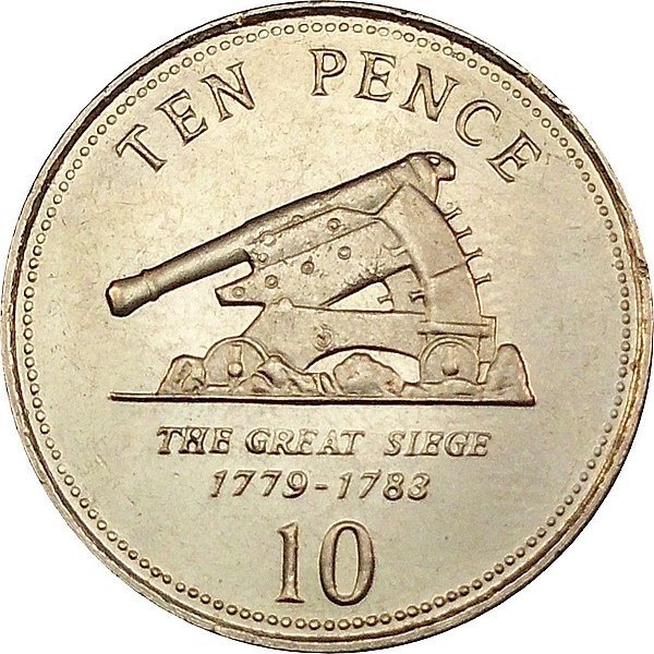 Gibraltar 10 Pence - Elizabeth II Cannon; smaller bust