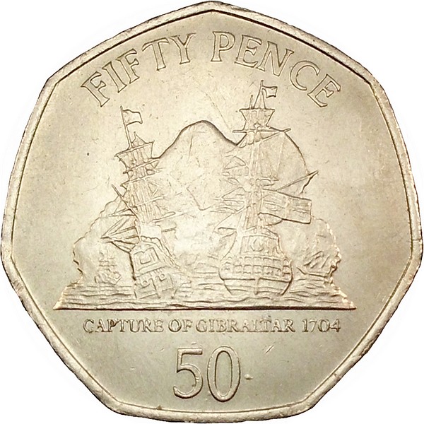 Gibraltar 50 Pence - Elizabeth II Capture of Gibraltar; smaller bust reverse