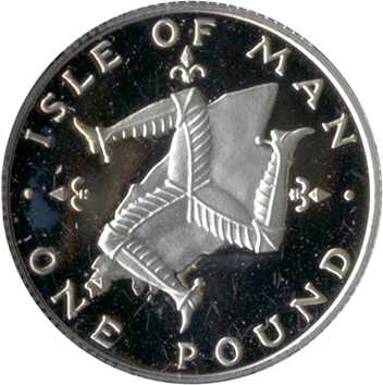 Isle of Man 1 Pound - Elizabeth II Triskelion on map; 500 Silver reverse