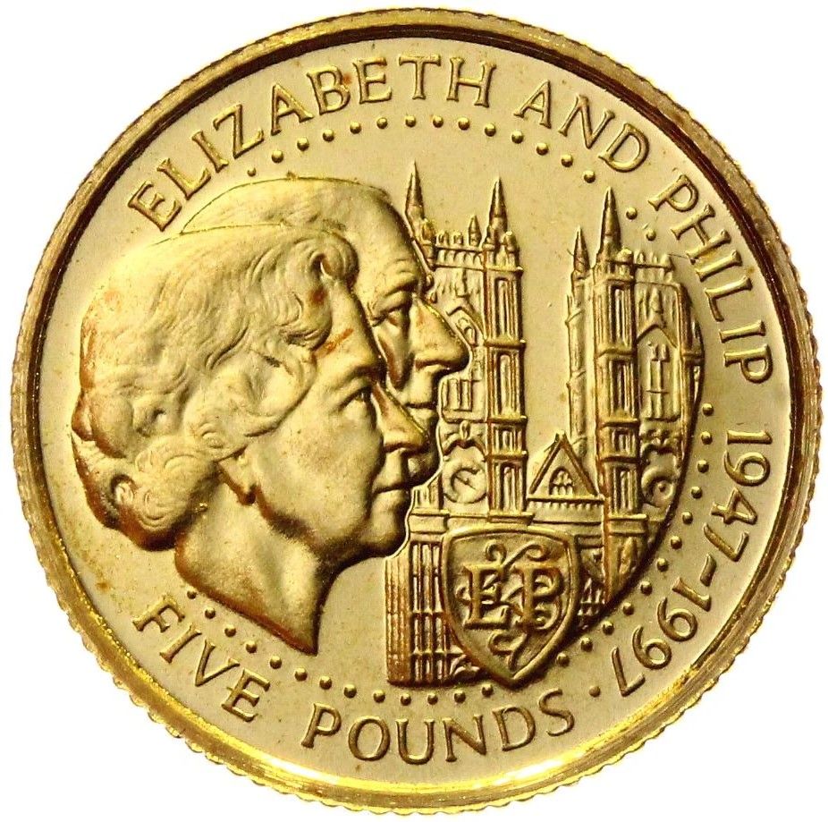 Guernsey 5 Pounds - Elizabeth II Golden Wedding - Gold