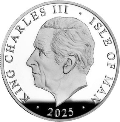 Isle of Man 5 Pounds - Charles III Welsh Dragon; Silver Proof obverse