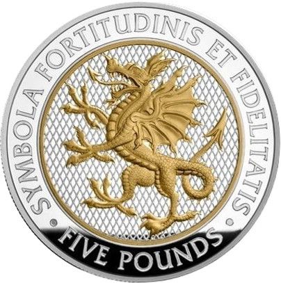 Isle of Man 5 Pounds - Charles III Welsh Dragon; Silver Proof reverse