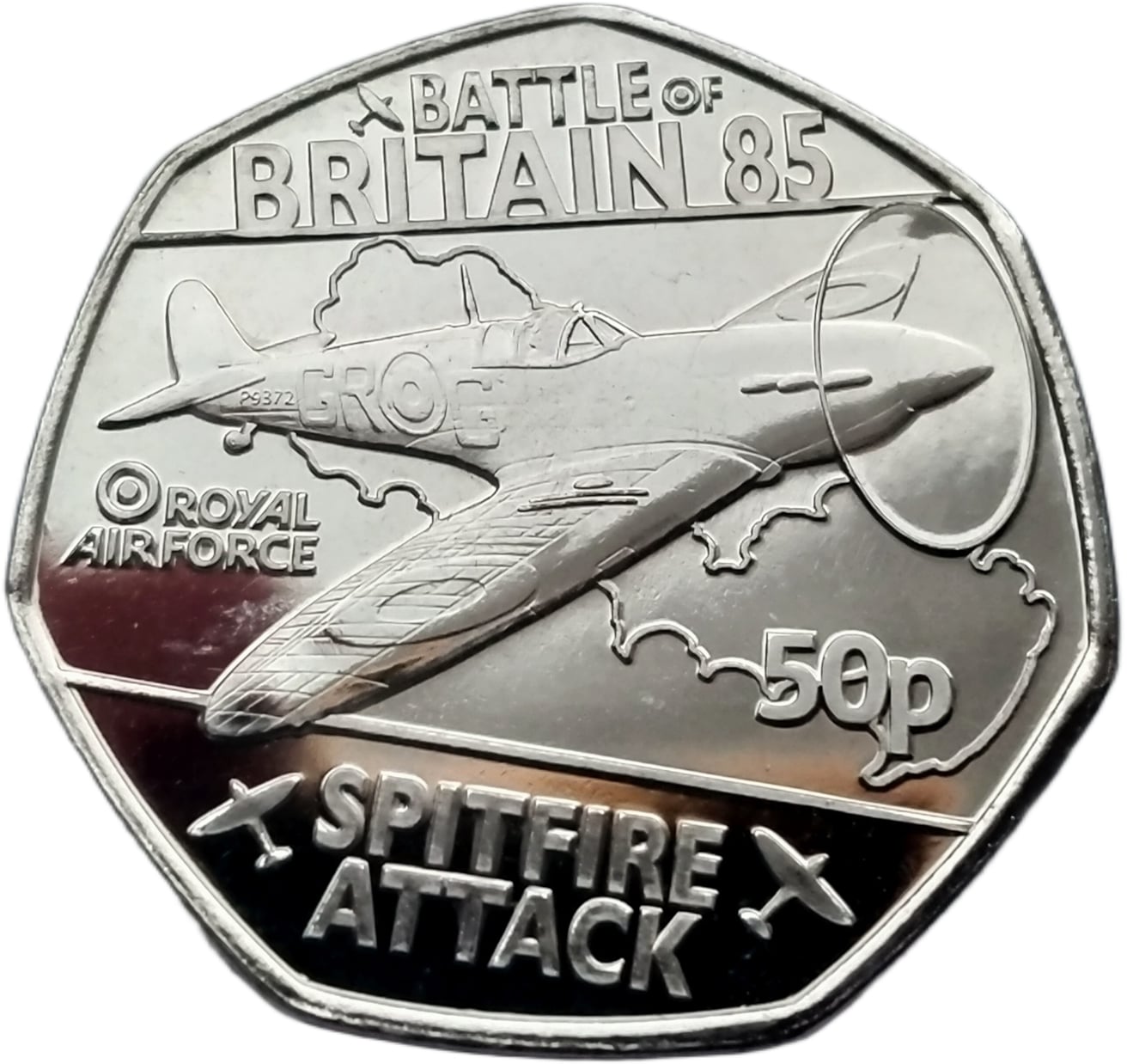 Guernsey 50 Pence - Charles III Battle of Britain - Spitfire Attack reverse