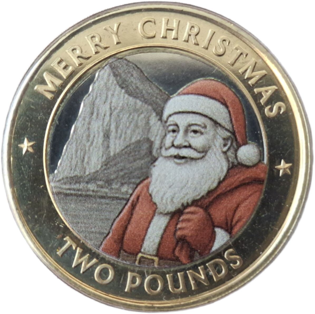 Gibraltar 2 Pounds - Charles III Christmas; colourised reverse