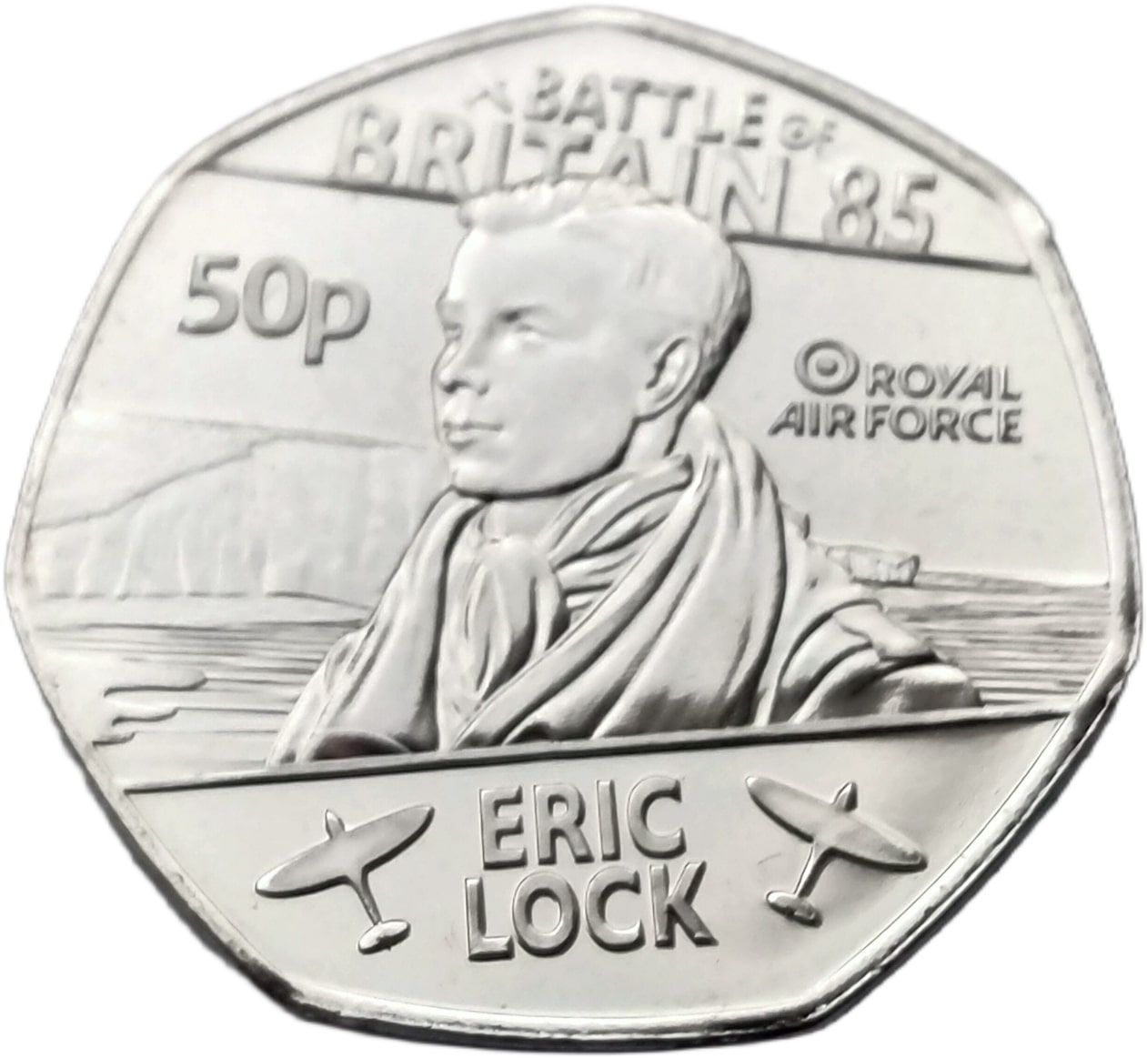 Guernsey 50 Pence - Charles III Battle of Britain - Eric Lock reverse