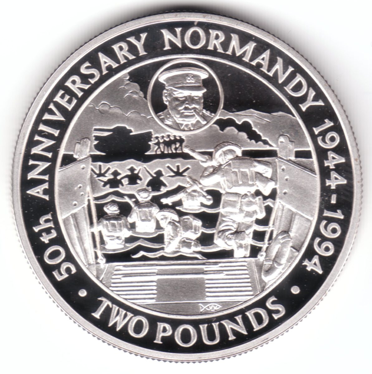 Guernsey 2 Pounds - Elizabeth II Normandy Invasion; Silver