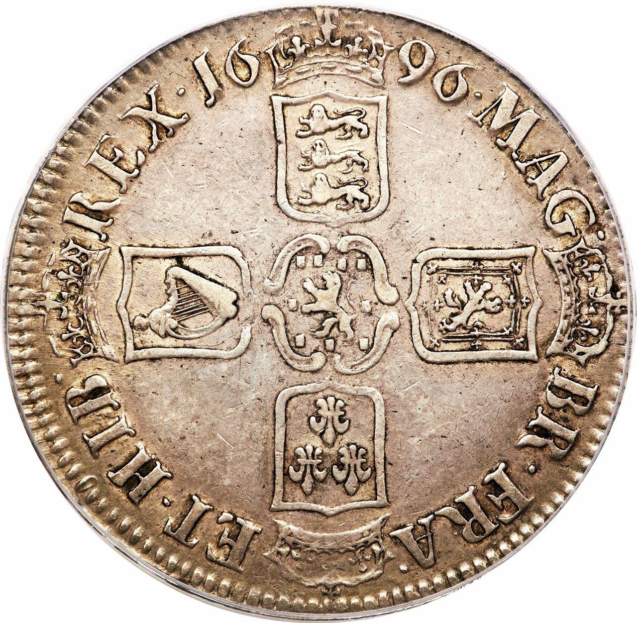 1 Crown - William III 3rd bust; 1st harp