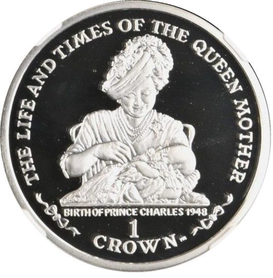 Isle of Man 1 Crown - Elizabeth II Queen Mother - Birth of Prince Charles; Silver Proof reverse