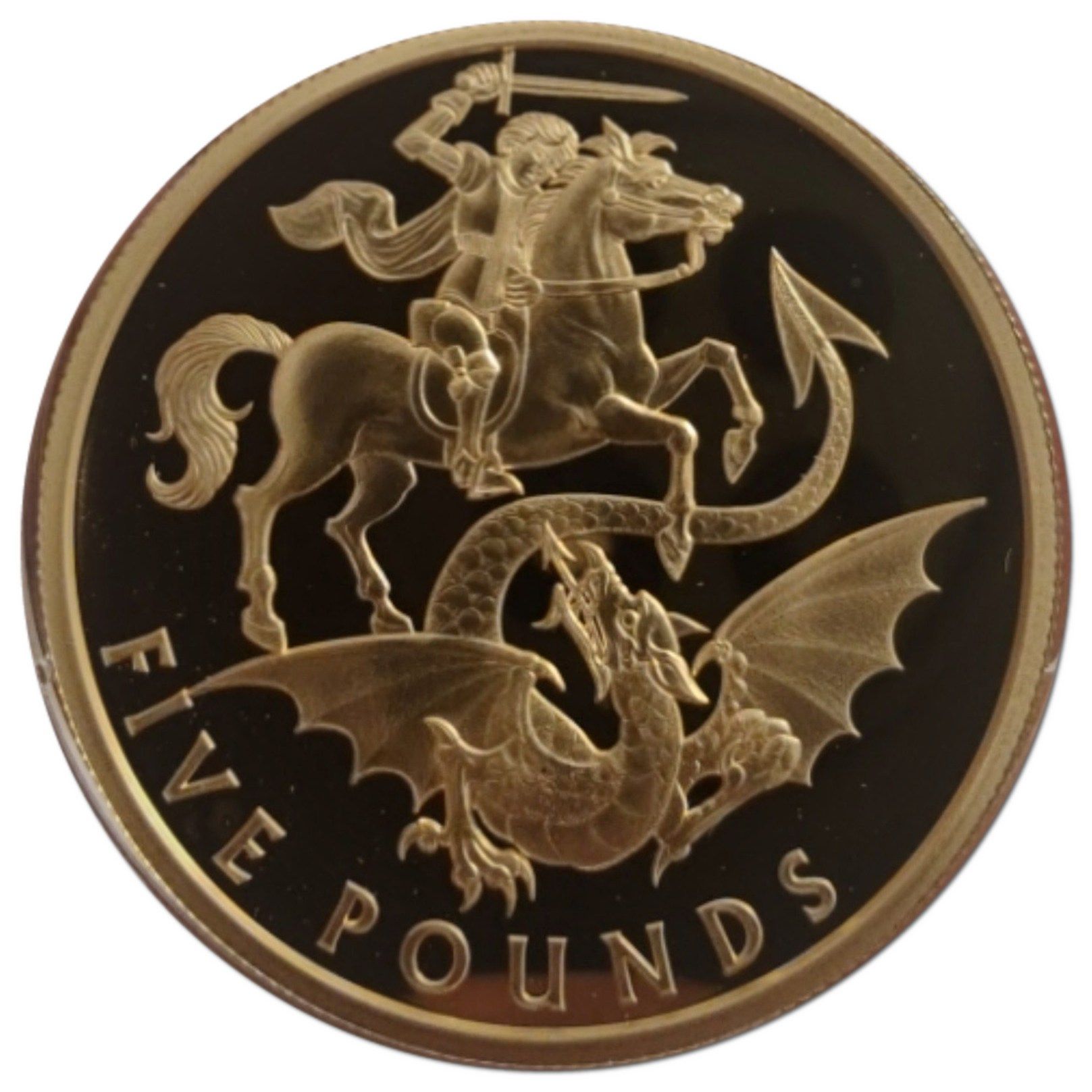 Tristan da Cunha 5 Pounds - Elizabeth II Saint George slaying the Dragon; 22ct Gold; large