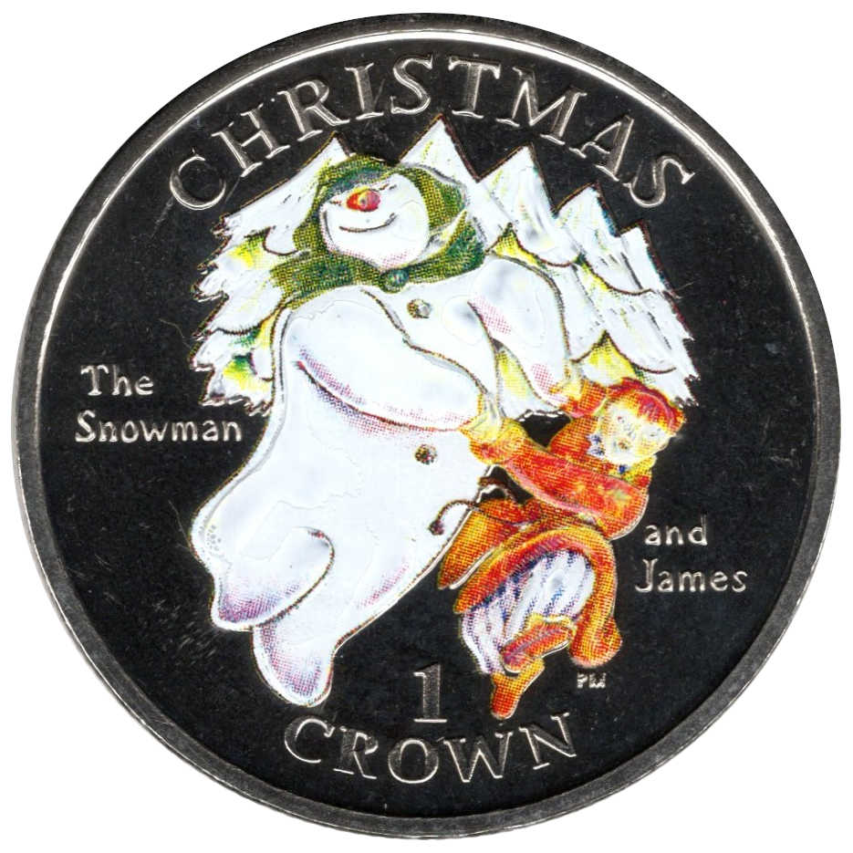Isle of Man 1 Crown - Elizabeth II James and the Snowman; Colourised reverse