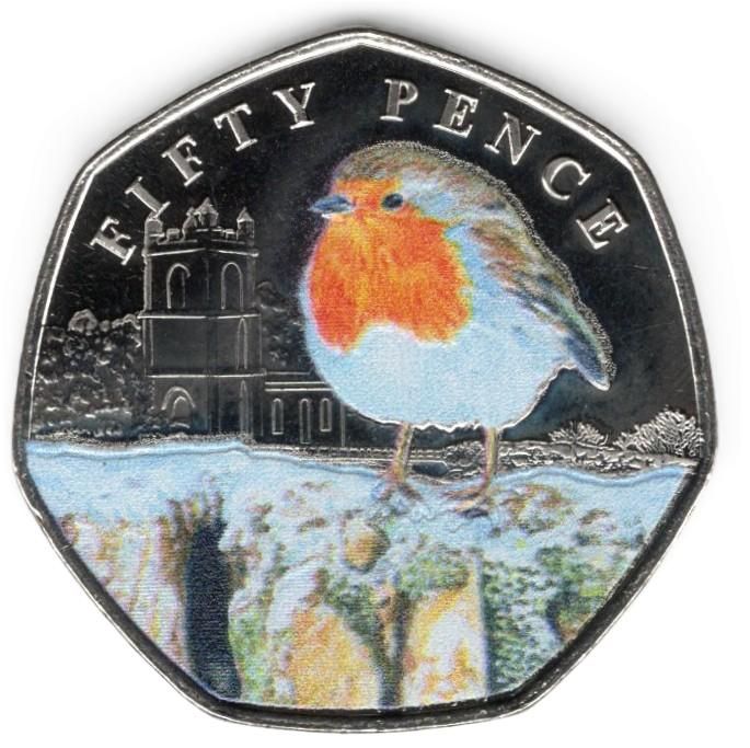 Guernsey 50 Pence - Charles III A Robin on a wall; Colourised reverse