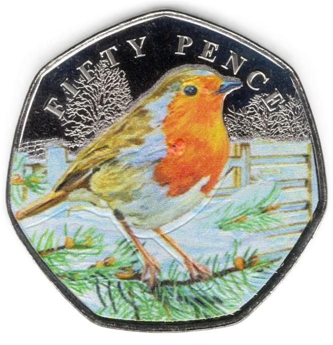 Guernsey 50 Pence - Charles III A Robin in a Spruce Tree; Colourised