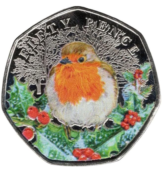 Guernsey 50 Pence - Charles III A Robin in a Holly Tree; Colourised