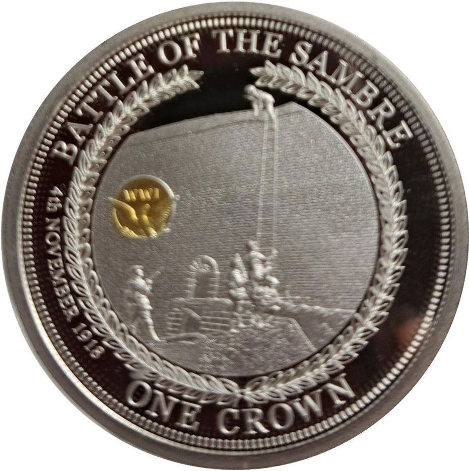Tristan da Cunha 1 Crown - Elizabeth II 100th Anniversary U.S. In WWI; Battle of the Sambre obverse