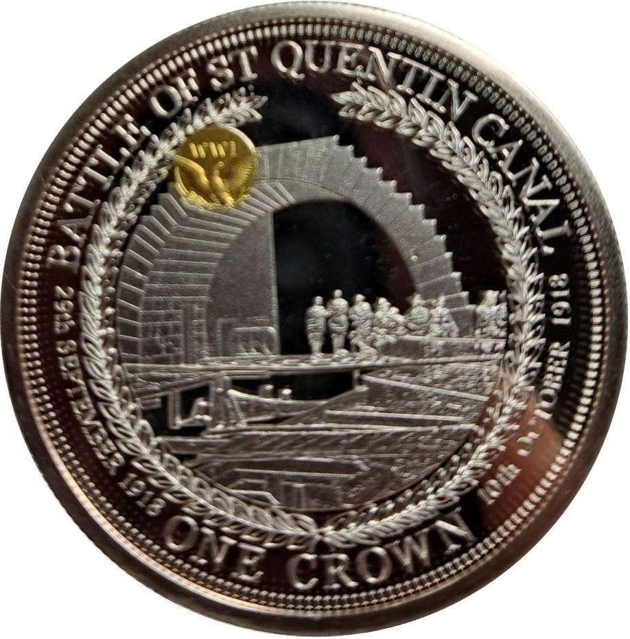 Tristan da Cunha 1 Crown - Elizabeth II 100th Anniversary U.S. In WWI; Battle of St Quentin Canal