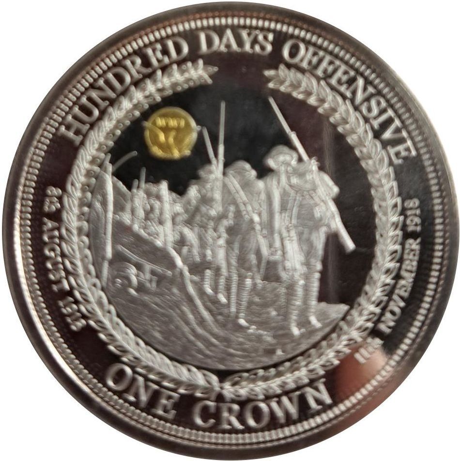 Tristan da Cunha 1 Crown - Elizabeth II 100th Anniversary U.S. In WWI; Hundred Days Offensive reverse