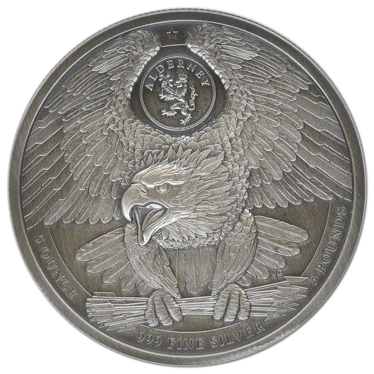 Alderney 5 Pounds - Bald Eagle and Liberty obverse