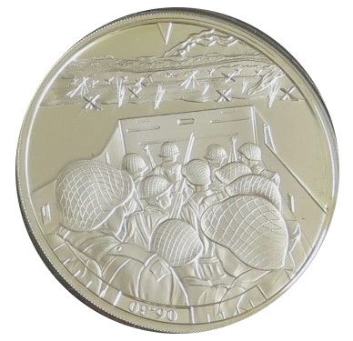 Guernsey 5 Pounds - Elizabeth II D-Day Landing 06.30; Silver Proof reverse