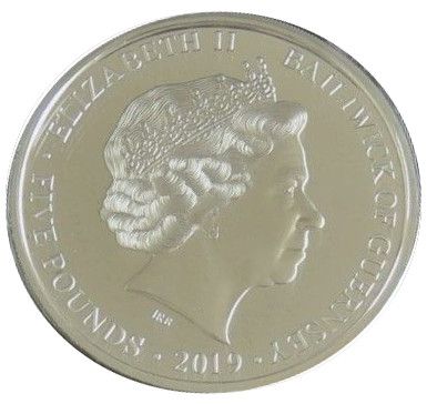 Guernsey 5 Pounds - Elizabeth II D-Day Landing 21.20; Silver Proof obverse
