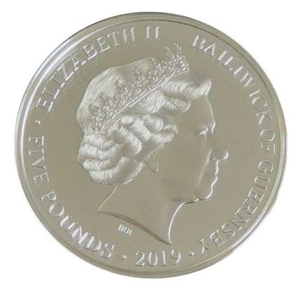Guernsey 5 Pounds - Elizabeth II D-Day Landing 01.20; Silver Proof obverse