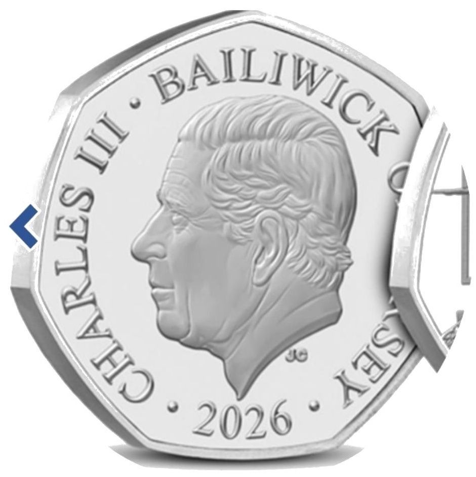Jersey 50 Pence - Charles III 50th Anniversary of Concorde - Belfast City Hall , Belfast obverse