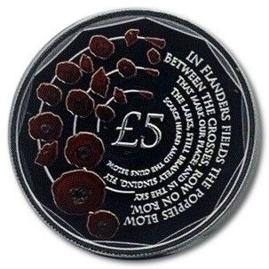 Alderney 5 Pounds - Elizabeth II Remembrance Day; Silver Plated coloured reverse