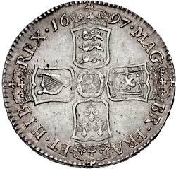 ½ Crown - William III 1st bust; large shields, ordinary harp