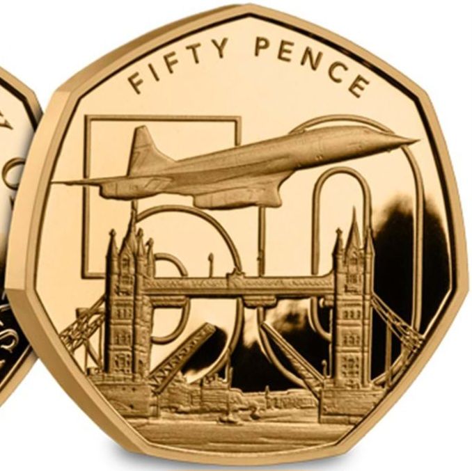 Jersey 50 Pence - Charles III 50th Anniversary of Concorde - Tower Bridge London; Gold reverse