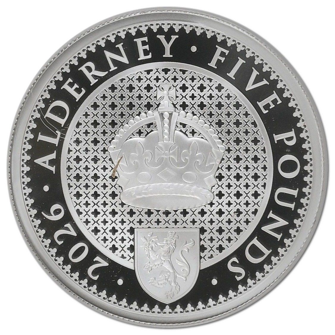Alderney 5 Pounds King's Beasts; Lion obverse