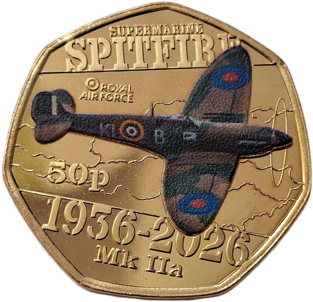 Guernsey 50 Pence - Charles III Spitfire - Mk IIa; Gold plated coloured reverse