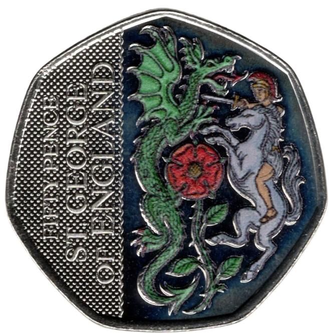 Guernsey 50 Pence - Charles III Patron Saints - St. George; Coloured reverse